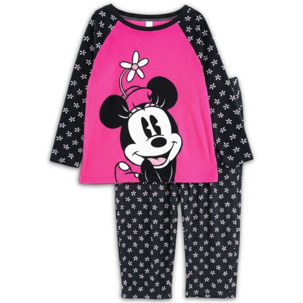 Disney Pajama Set Womens 3X Pink Minnie Mouse Fleece Floral Raglan Sleepwear